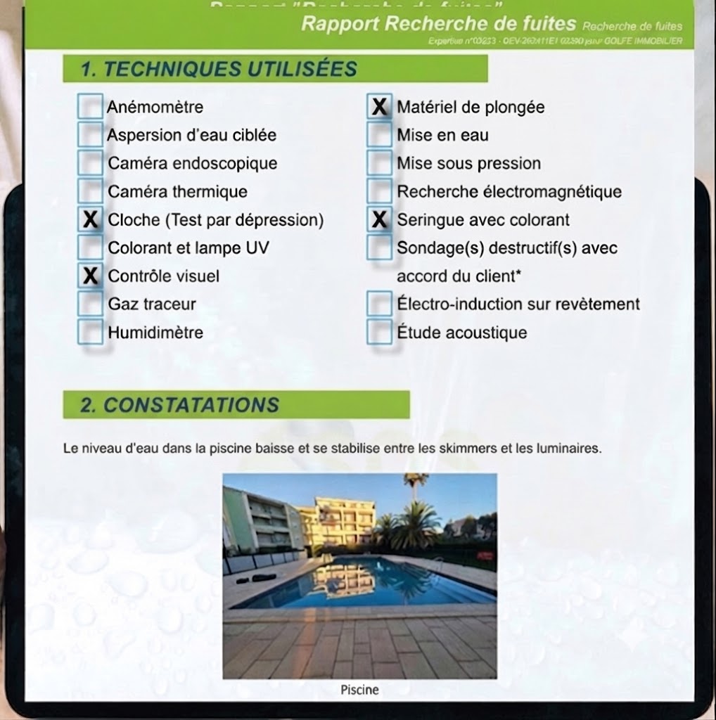 Rapport technique piscine Water Leak Expert Maurice